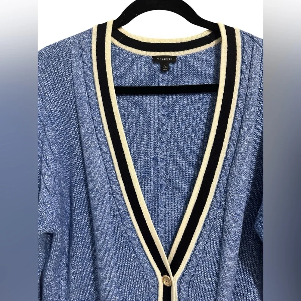 Talbots Iris Blue Cable Knit Tipped Girlfriend Cardigan Sweater Size L Preppy